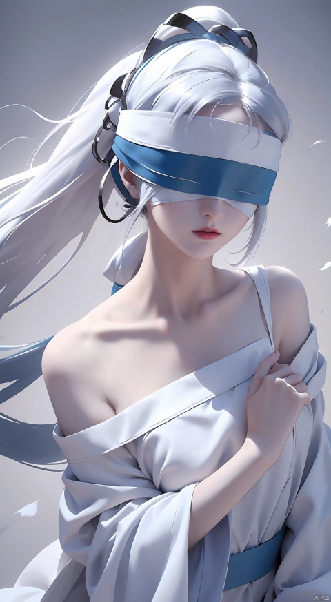  duotone white and blue,1girl,Long hair, ponytail, white hair,(blindfold),The wind blows, close-up,Off Shoulder