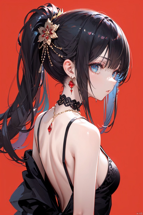  nai3, 1girl, solo, dress, red background, jewelry, blue eyes, ponytail, black hair, earrings, red nails, black dress, long hair, simple background, from behind, looking at viewer, looking back, bare shoulders, nail polish, bangs, backless outfit, choker, backless dress, profile, back, necklace, cowboy shot, gem, bracelet, hair ornament