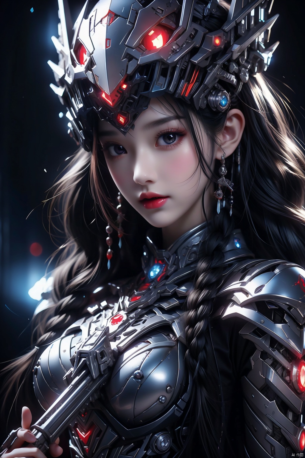 ((diamondly beautiful eyed girl)) with braids holds a weapon in his hand on a black background,  red glowing eyes,  holy cyborg necromancer girl,  holds a weapon in his hand,  Sci-Fi Helmet,  cyber mask,  brian sum,  goddess of war,  blue cyborg,  balaskas,  blink,  highest quality,  masterpiece,  ultra-detailed,  dof,  artistic lighting,  highest quality,  masterpiece,  ultra-detailed,  dof,  rimlight,
