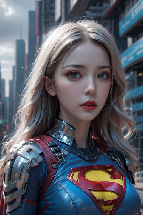 Supergirl, realistic, horror art, Vivid Colors, 8K, Ray Tracing Ambient Occlusion, Futurism, superb, professional, cyberpunk chrome accent body armor, horror element, dark cloudy sky background, deep shadow
