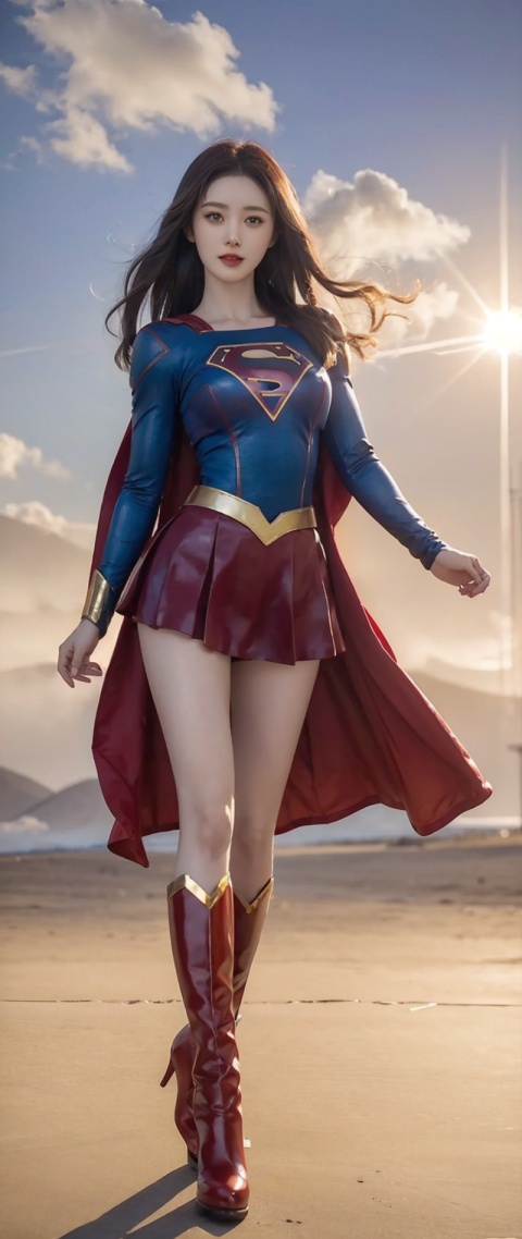 a hero supergirl ,25 age , green eyes , long brown hair , pantie , sport figure , full body , big boobs,fly in the sky with golden clouds,supergirl. Red long leg boots.,Blademancer. Clouds,Blademancer, linyuner
