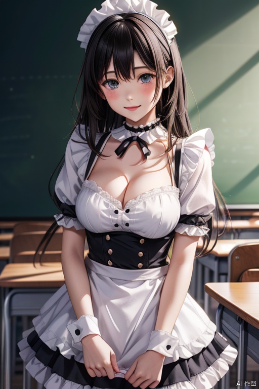 maid headdress, (white shirt), frilled shirt, (white frilled apron), white short sleeves, puffy sleeves, cleavage), cuffs, white frilled choker with black neck ribbon, cute, ****, black long hair, big breasts,classroom