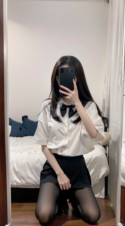  Best quality, 1girl, xtt's bodyA photo of oneself taken with a phone in front of a mirror ,full body, Wearing black Pleated skirt, wearing pantyhose , kneeling, Mobile selfie perspective, shapely body,midnight, xtt, aki