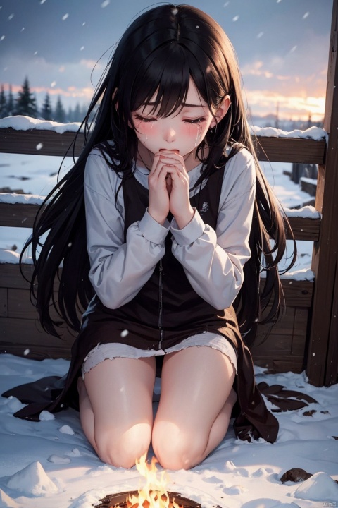 1girl,long hair,masterpiece,best quality,facing viewer,night,snowing,praying,kneeling,own hands together,closed eyes,fire,ground shatter,crying,streaming tears,dirty,dirty clothes,dirty face,dirty feet,dirty hands,torn clothes,