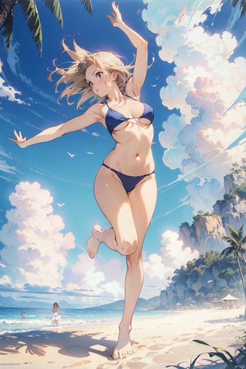  1girl, solo, blond, full body pic of the girl in hot summer clothing, wide lens, windy day, beautiful clouds, in tropical beach, in summer, dynamic postures, detailed face, master piece, 8K, official art.