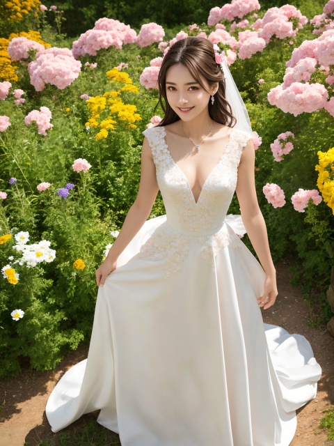 zoey_600x800_nobkgrnd-person,(medium breasts),1girl,dynamic angles,masterpiece,(detailed),(perfect skin),standing,wearing a wedding dress,holding flowers,in a field with flowers,solo,brown hair,black hair,teeth,brown eyes,short hair,a red bow in her hair,cleavage,earrings,smile,watch,collarbone,lips,epic-Ultra-HD-details,epic-Ultra-HD-highlights,perfect eyes,both eyes are the same,hd,ray tracing,4k,8k,(((full body))),(photoshoot poses),(looking at viewer),,,by mooncryptowow,
