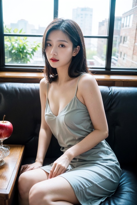  The image shows a beautiful young Asian woman in a grey dress sitting on a couch with a confident expression. The room has a soft and warm light, creating a comfortable atmosphere. The colors are muted and focused on the woman and her surroundings. The quality of the image is high, with sharp details and smooth textures. The woman's dress is one-shouldered and low-cut, showcasing her décolletage. There is a small table in front of her with apples on it. The overall style of the image is natural and organic, highlighting the woman's beauty and confidence.