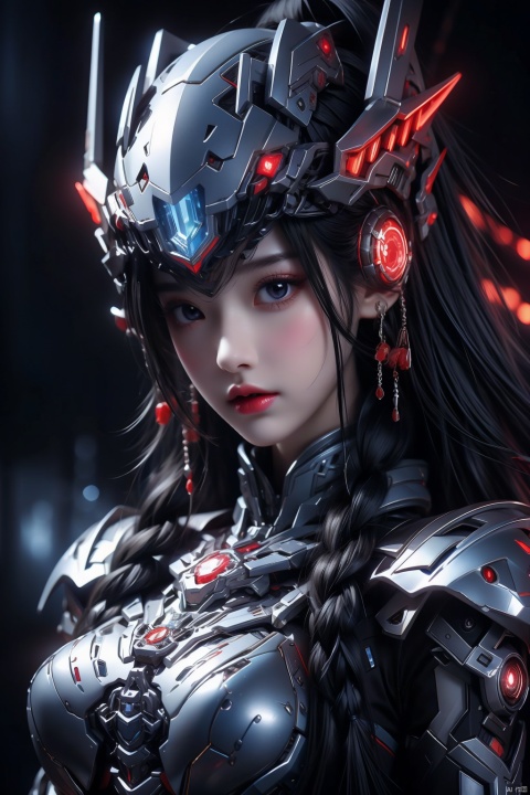 ((diamondly beautiful eyed girl)) with braids holds a weapon in his hand on a black background,  red glowing eyes,  holy cyborg necromancer girl,  holds a weapon in his hand,  Sci-Fi Helmet,  cyber mask,  brian sum,  goddess of war,  blue cyborg,  balaskas,  blink,  highest quality,  masterpiece,  ultra-detailed,  dof,  artistic lighting,  highest quality,  masterpiece,  ultra-detailed,  dof,  rimlight,
