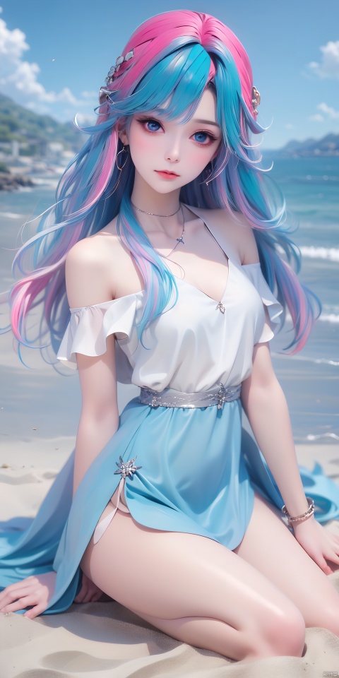  DLY,1girl,solo,(Colored hair:1.6),(pink hair),blue eyes,dress,hair ornament,ahoge,long hair,jewelry,looking at viewer,bracelet,bluedress,bangs,(((1 girl))), (medium breasts:), ((upper body:0.7)), full body, female solo, depth of field, blue earrings, blue jewelry, off-shoulder white shirt, black tight skirt, (at beach), blonde hair, photorealistic:1.3, realistic), highly detailed CG unified 8K wallpapers, (((straight from front))), (HQ skin:1.3, shiny skin), 8k uhd, dslr, soft lighting, high quality, film grain, Fujifilm XT3, (professional lighting), nangongwan, red lips, ll-hd,sitting,legs up,(after sex:1.2),small breasts,breasts out,