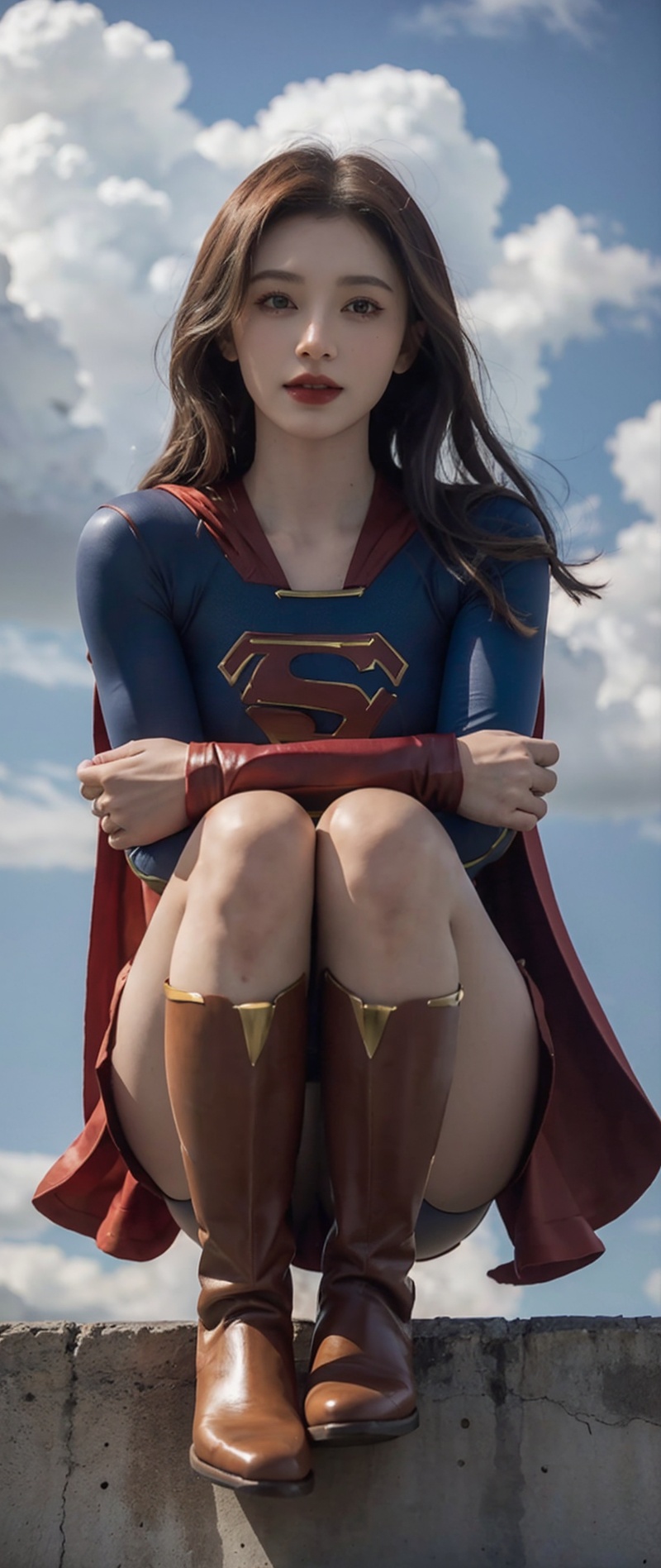  a hero supergirl ,25 age , green eyes , long brown hair , pantie , sport figure , full body , big boobs,fly in the sky with golden clouds,supergirl. Red long leg boots.,Blademancer. Clouds,Blademancer, linyuner, chakumomi