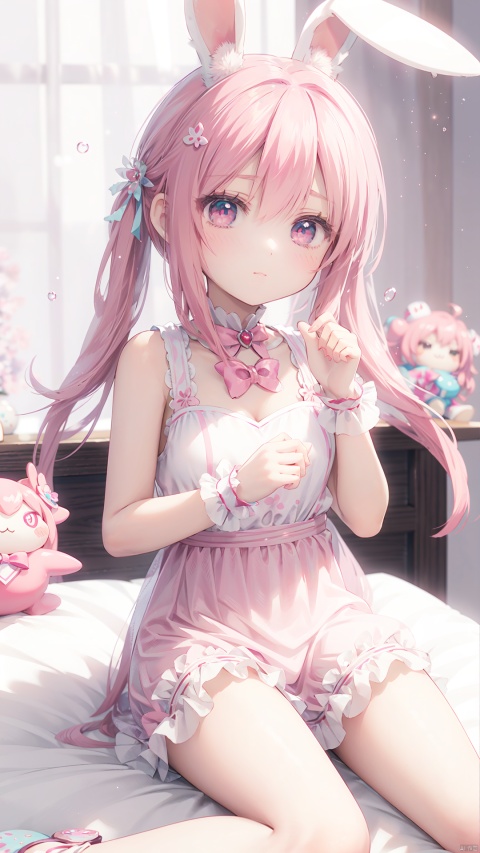 Anime girl with pink hair and rabbit ears sitting on bed, pink twintail hair and cyan eyes, cute anime waifu in a nice dress, Splash art anime Loli, portrait of magical girl, trending on artstation pixiv, Best Rated on pixiv, style of anime4 K, anime moe art style, humanoid pink female squid girl