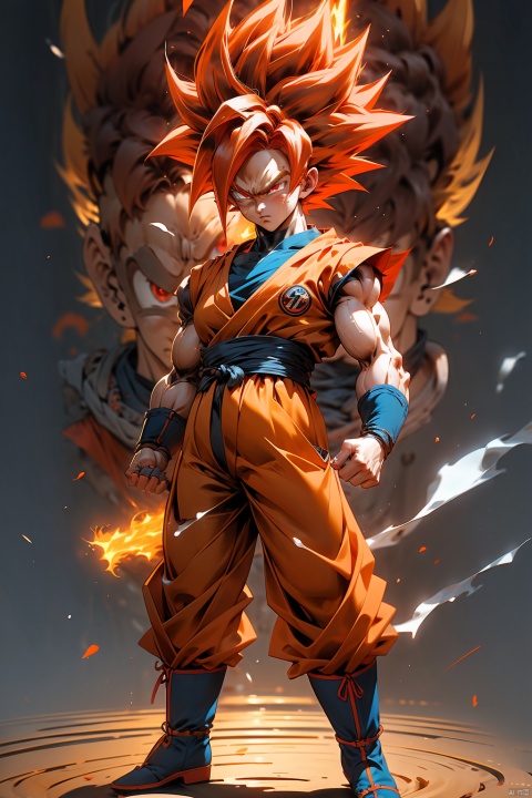  (best quality, masterpiece),solo, (1boy), red eyes, super saiyan, red hair, son goku, boots, aura, full body, clenched hands, blue footwear,