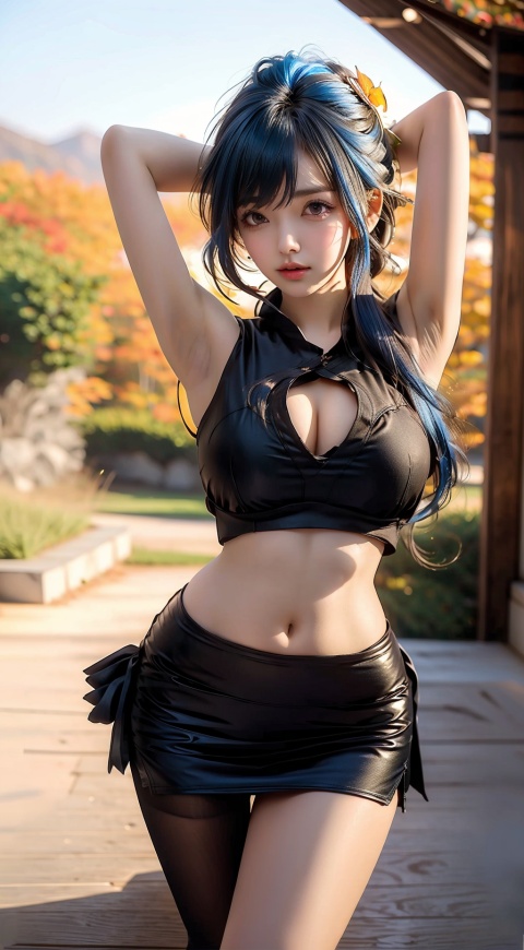  1girl, solo,armpits, arms up, looking at viewer, thigh strap, navel, see-through, big breasts, cowboy shot,blue hair, arms behind head, bare shoulders, grey eyes, bangs, blush, ahoge, closed mouth,bare arms, stomach, signature, shenhe (genshin impact), autumn leaves, mountainous horizon,orange flower,orange sky,(genshin impact),Hourglass body shape,office lady