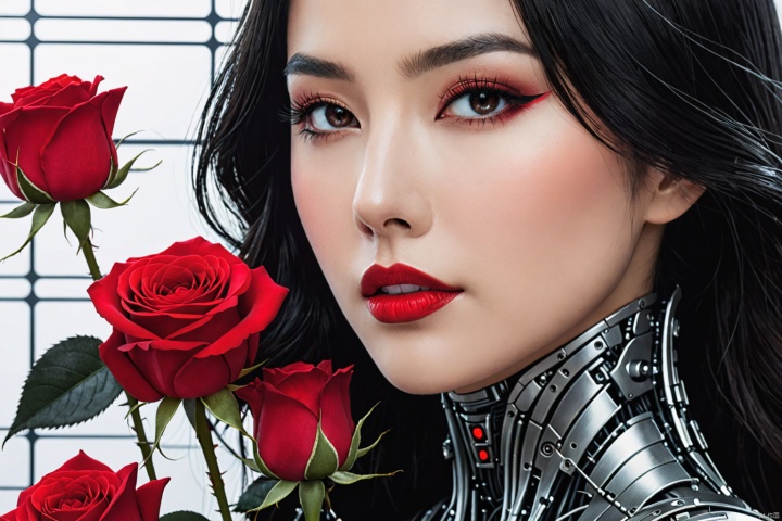 (((medium full shot))), (Masterpiece, best quality, ultra-detailed:1.3), (nice hands, perfect hands), official art, cinematic light, (1girl:1.3), adult woman, solo, long hair, breasts, black hair, red eyes, holding, upper body, flower, blurry, from side, lips, petals, eyelashes, profile, rose, red flower, science fiction, red rose, realistic, nose, android, holding flower, red lips, joints, robot joints, beautiful, highly detailed, delicate, very sharp focus, stunning, attractive, deep background, illuminated glowing, intricate, elegant, luxurious, extremely coherent, artistic, scenic, dazzling, dramatic ambient   Biomech, ink drawing, anatomical, Da_Vinci, vitruvian   circuitboard, dark futuristic
