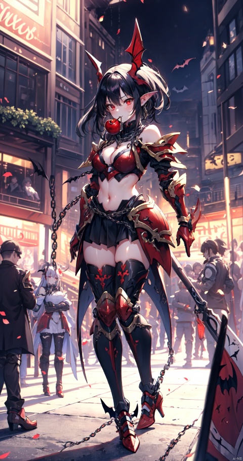  (Full body portrait:1.2), Busy street,solo,1 girl, Happy lady, black hair, (((A crowd of Cute bats))), red eyes,an apple in her mouth, (((red_armor with bat pattern))),chain in hand, (((chain
in hand:1.2))),purple armor,Cheering crowd,Fall Sakura,purple chest armor,purple leg armour,purple leg armour,purple waist support,Naked thighs,Naked,belly,off_shoulder,cleavage,look up,nice body,best quality,Perfect figure,Nine-headed body,exquisite facial features,long legs,high heels,ultra-detailed,8K wallpaper,straight-looking,narrow waist,areola slip,with slip,full body, roushi, NSFW