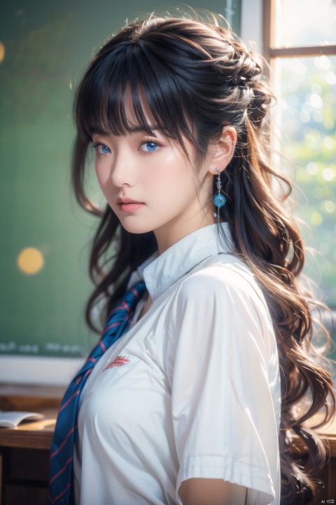  Ultra-realistic 8k CG,masterpiece,best quality,(photorealistic:1.4),HDR,absurdres,Professional,RAW photo,lens flare,(film grain:1.1),Bokeh,((Depth of field)),studio light,1girl,blue eyes,exquisite face,bangs,solo,best ratio four fingers and one thumb,portrait,upper body,Highly detailed,Professional,extreme detail description,looking at viewer,early morning serenity,standing,school_uniform,serafuku,microskirt,miniskirt,classroom,long hair,hair bun,curly hair, qiqiu, 1girl