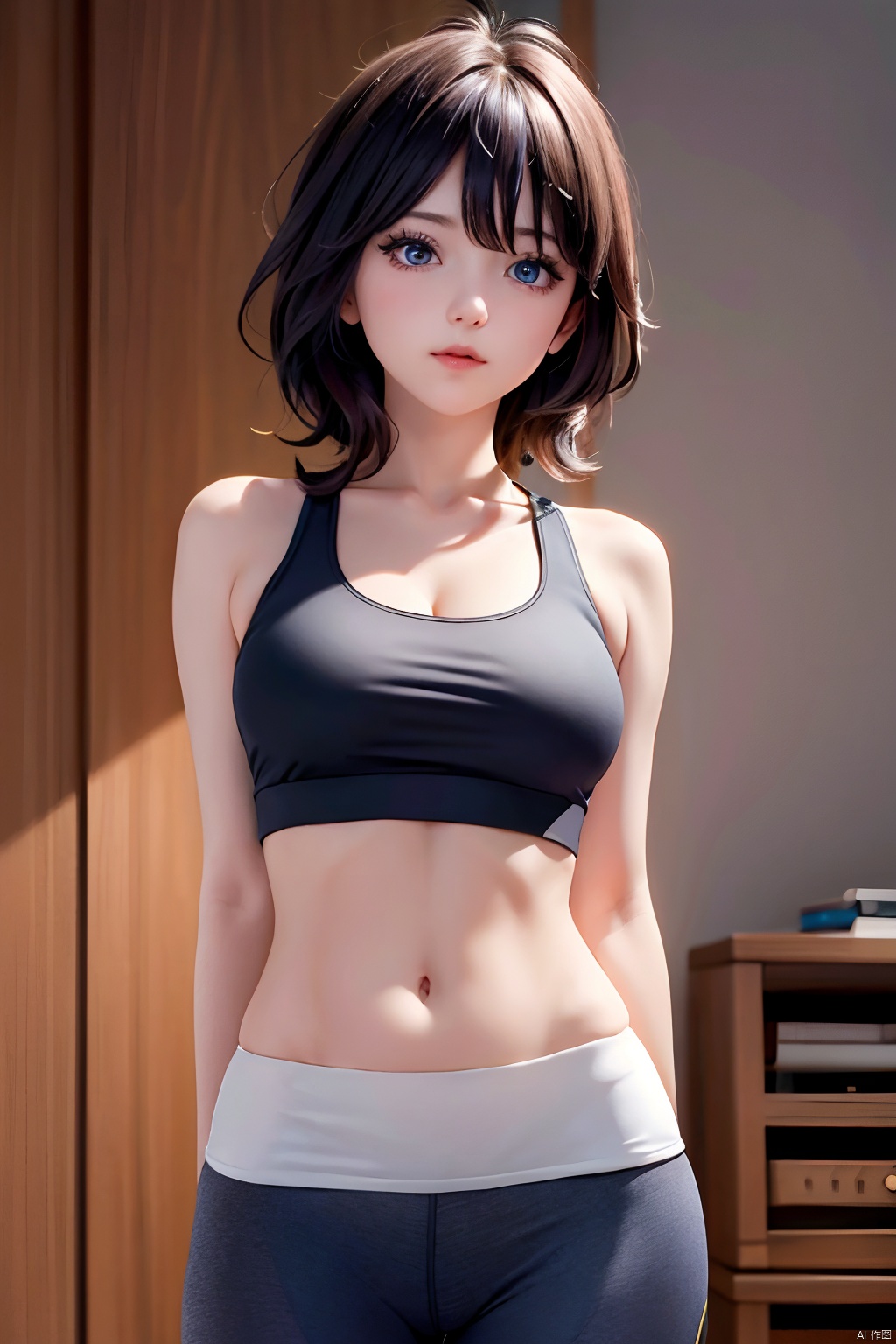  masterpiece,best quality,official art,extremely detailed CG unity 8k wallpaper, girl, solo, (arms behind back:1.4), bare shoulders, cleavage, clavicle, (yoga sports bra, yoga pants, yoga movement:1.1),