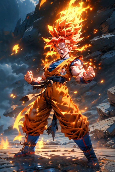  (best quality, masterpiece),solo, male focus, red eyes, super saiyan, 1boy, red hair, son goku, boots, aura, open mouth, full body, clenched hands, blue footwear,angry