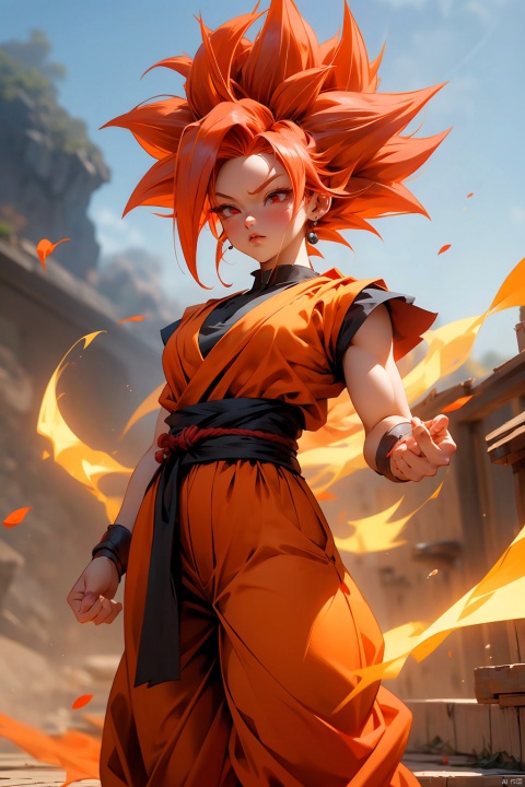  (best quality, masterpiece),solo, 1girl, red eyes, super saiyan, red hair, son goku, aura, clenched hands, Half body,