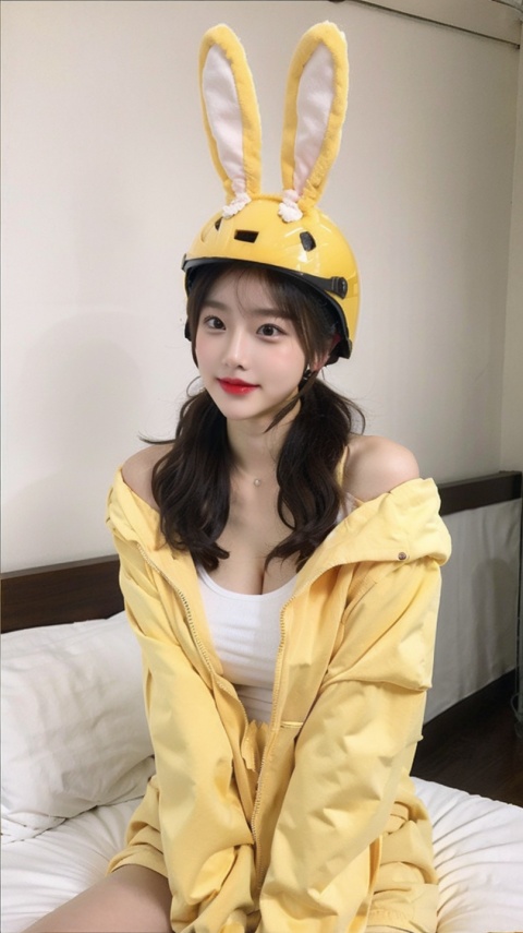  Meituan helmet, jacket, bunny ears, girl, breasts, yellow clothes, bare shoulders, sitting on bed, (large breasts, cleavage :0.7), 1girl