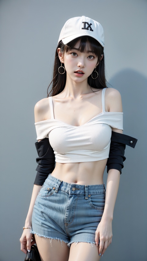  1girl, hat, earrings, jewelry, shorts, breasts, off_shoulder, solo, jacket, cleavage, collarbone, baseball_cap, black_hair, looking_at_viewer, :o, bare_shoulders, denim, hand_on_headwear, bangs, crop_top, open_mouth, big_breasts,moyou
