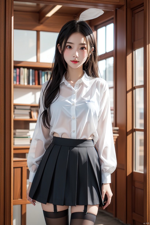  1girl,cute face,long hair,,school_uniform, (transparent clothes:1.1),white shirt,black skirt,stockings, in the library,