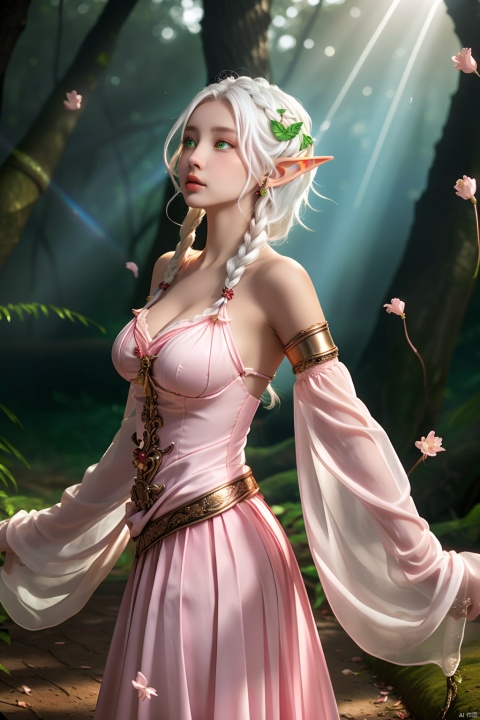  (masterpiece, best quality, high quality, highres, ultra-detailed),realistic,1 sweet girl,the greater lord rukkhadevata,(side braid:1.1),long hair,((white hair)),leaf hair ornament,(pointy ears),elf,green eyes,pale skin,bare shoulders,(medium breasts),(cleavage:1.1),jewelry,white long dress,(detached sleeves:1.1),bracelet,(looking away:1.2),(hair floating:1.3),from side,(in forest:1.3),(pink flowers:1.1),(falling petals:1.1),(lens flare from right:1.2),(god rays from right:1.2),