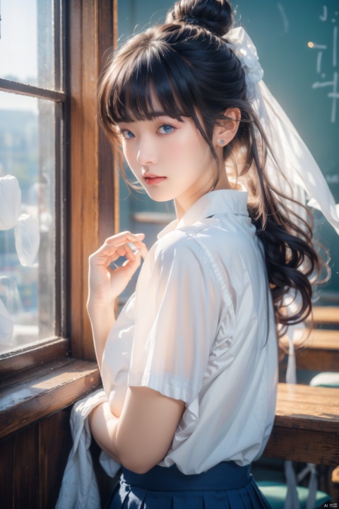  Ultra-realistic 8k CG,masterpiece,best quality,(photorealistic:1.4),HDR,absurdres,Professional,RAW photo,lens flare,(film grain:1.1),Bokeh,((Depth of field)),studio light,1girl,blue eyes,exquisite face,bangs,solo,best ratio four fingers and one thumb,portrait,upper body,Highly detailed,Professional,extreme detail description,looking at viewer,early morning serenity,standing,school_uniform,serafuku,microskirt,miniskirt,classroom,long hair,hair bun,curly hair, qiqiu, 1girl