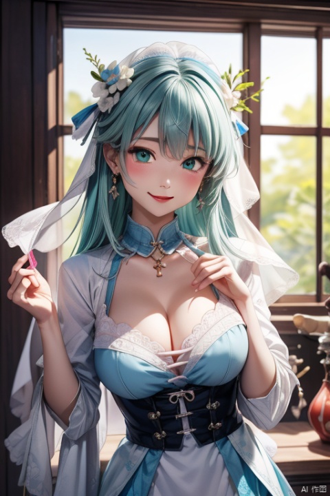 {{{luo tianyi}}}, {{{artist:binggong_asylum}}},artist:murata_yuusuke,artist:onineko,[artist:As109,artist:tianliang duohe fangdongye],[[artist:QYS3]],year_2023,{face Close-Up}, pov holding chin, masterpiece, high quality, anime style,{solo},{{1girl}}, green eyes, gray hair,{peace symbol, v}, {Used condom as decoration}, the condom is held in the cleavage, the used condom is placed on the chest, {{veil, harem_outfit, panties are put on the head}}, underwear is worn on the head, {{mouth spits out semen, semen flows from the mouth, too much semen, the face is full of semen, {facial}, an extreme amount of semen}}, {flamboyant makeup, heavy makeup}, [[gold necklace, gold earrings]], {smile, wink, happy smile}, {{{large medium breasts}}}, cleavage, overboob
