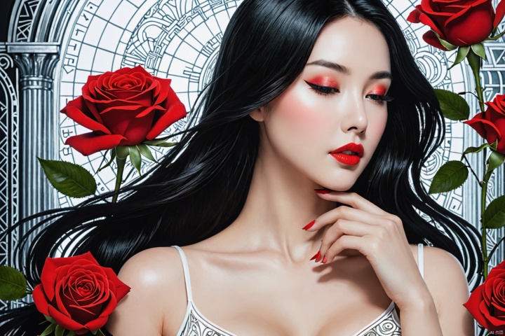 (((medium full shot))), (Masterpiece, best quality, ultra-detailed:1.3), (nice hands, perfect hands), official art, cinematic light, (1girl:1.3), adult woman, solo, long hair, breasts, black hair, red eyes, holding, upper body, flower, blurry, from side, lips, petals, eyelashes, profile, rose, red flower, science fiction, red rose, realistic, nose, android, holding flower, red lips, joints, robot joints, beautiful, highly detailed, delicate, very sharp focus, stunning, attractive, deep background, illuminated glowing, intricate, elegant, luxurious, extremely coherent, artistic, scenic, dazzling, dramatic ambient   Biomech, ink drawing, anatomical, Da_Vinci, vitruvian   circuitboard, dark futuristic
