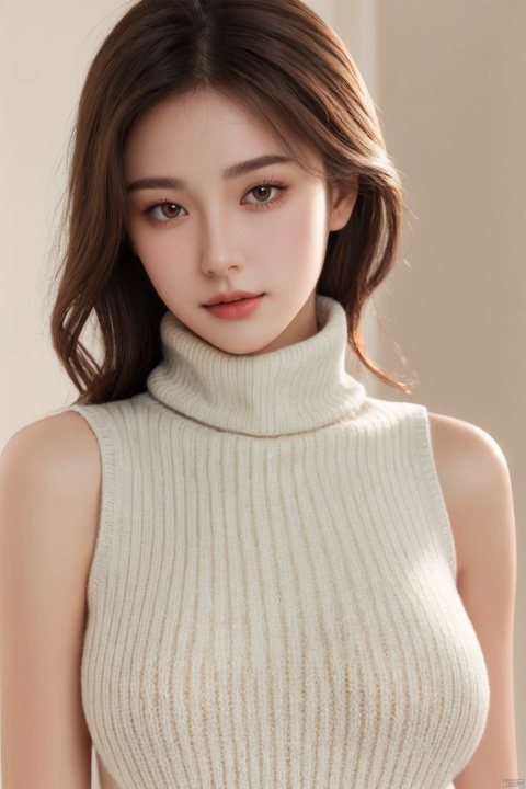 masterpiece, high quality, 8k uhd, realistic, perfect face, beautiful face, sweater, turtleneck, sleeveless, bare shoulder, gorgeous, gorgeous female, beautiful, perfect round breasts, charming, perfect female body, fancy lighting, perfect skin, soft skin
