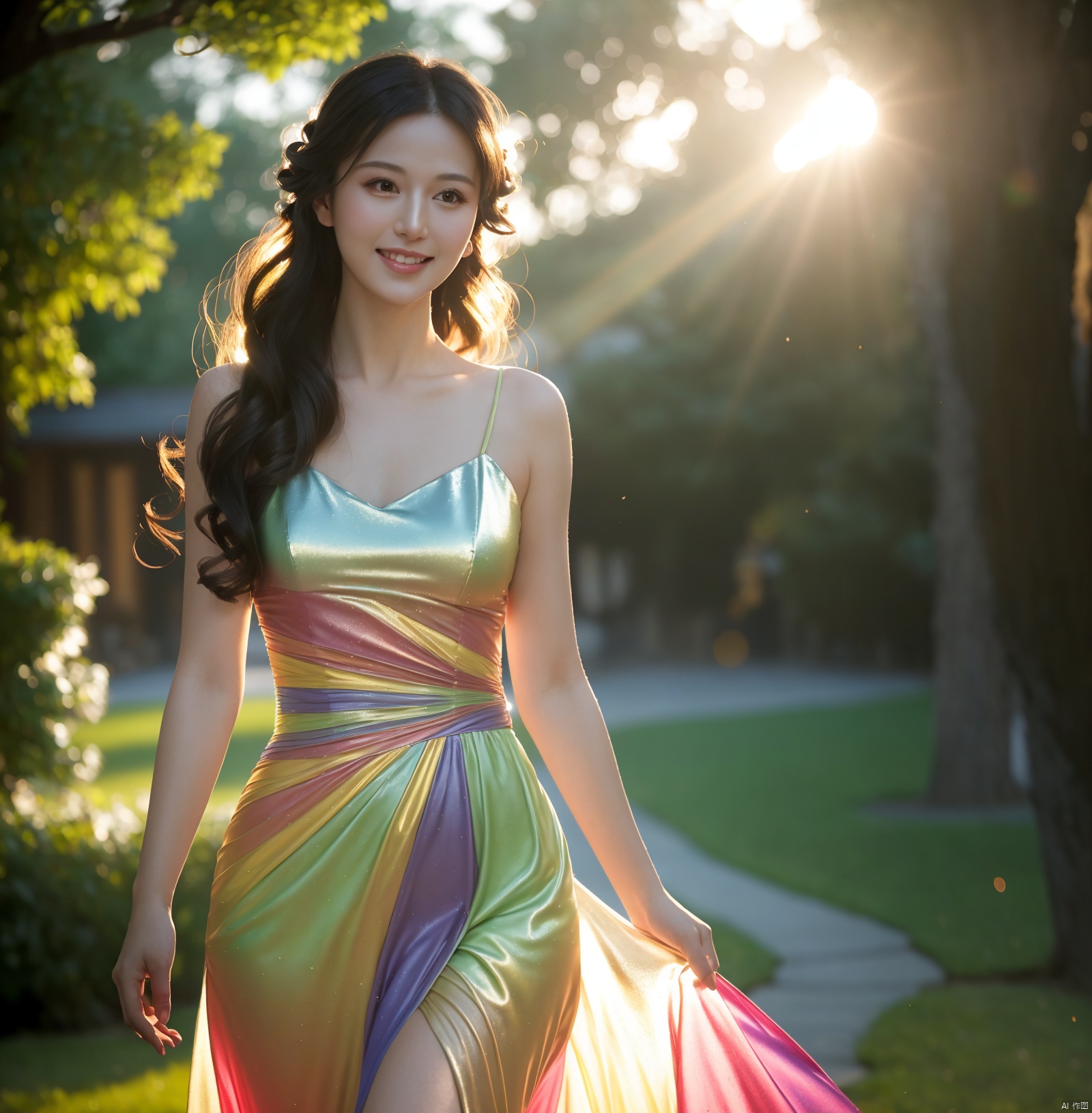  A mature woman stands in a thin-strapped multicolored dress (tight-fitting), illuminated by a gentle backlighting effect. Her silhouette is outlined softly, creating a dreamy and elegant atmosphere, (out door), (solo), (half body), jewelry, Wavy curls hair style,look at viewer, beautiful, masterpiece, high quality, very detail face, (big breast:0.6), Smiling ultra high resolution,cinematic light, detailed environment(real), motion blur, depth of field, ((perfect body)), , (masterpiece,best quality:1.5),