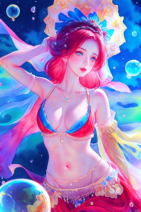 (((masterpiece))),(((best quality))),((ultra-detailed)),((illustration)),((an extremely delicate and beautiful)),dynamic angle,floating, (beautiful detailed eyes), (detailed light), (((ink))),depth of field,((watercolor)) 1girl, small breasts, red hair, blue eyes, ((veil)), bare shoulders, navel, (starry sky),(desert),(floating sand flow), (((colorful bubble))),