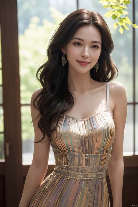  A mature woman stands in a thin-strapped multicolored dress (tight-fitting), illuminated by a gentle backlighting effect. Her silhouette is outlined softly, creating a dreamy and elegant atmosphere, (out door), (solo), (half body), jewelry, Wavy curls hair style,look at viewer, beautiful, masterpiece, high quality, very detail face, (big breast:0.6), Smiling ultra high resolution,cinematic light, detailed environment(real), motion blur, depth of field, ((perfect body)), , (masterpiece,best quality:1.5),