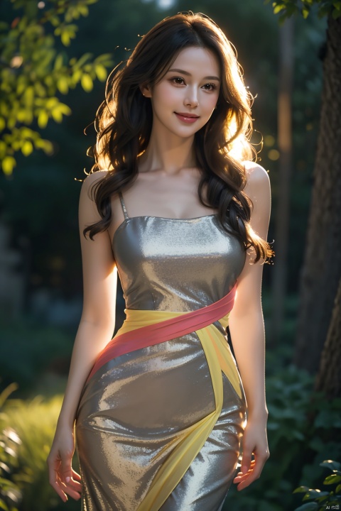  A mature woman stands in a thin-strapped multicolored dress (tight-fitting), illuminated by a gentle backlighting effect. Her silhouette is outlined softly, creating a dreamy and elegant atmosphere, (out door), (solo), (half body), jewelry, Wavy curls hair style,look at viewer, beautiful, masterpiece, high quality, very detail face, (big breast:0.6), Smiling ultra high resolution,cinematic light, detailed environment(real), motion blur, depth of field, ((perfect body)), , (masterpiece,best quality:1.5), Torpin_time perky pointy breasts, ((poakl))