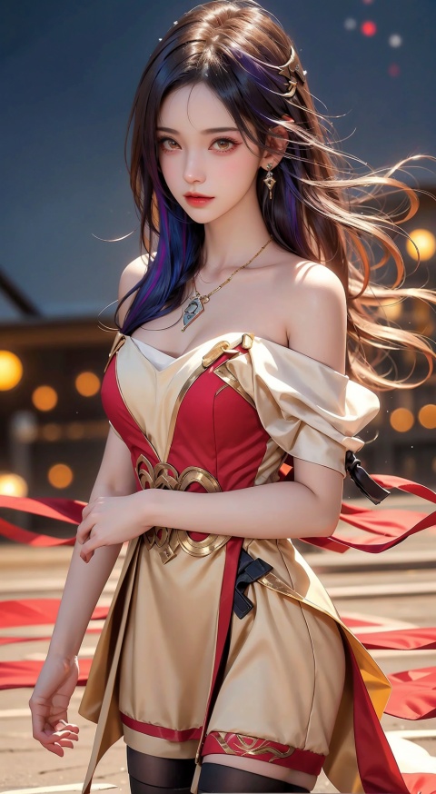  1girl,Bangs, off shoulder, colorful_hair, ((colorful hair)),golden dress, yellow eyes, chest, necklace, pink dress, earrings, floating hair, jewelry, sleeveless, very long hair,Looking at the observer, parted lips, pierced,energy,electricity,magic,tifa,sssr,blonde hair,jujingyi, christmas,skirt,thighhighs,white_dress