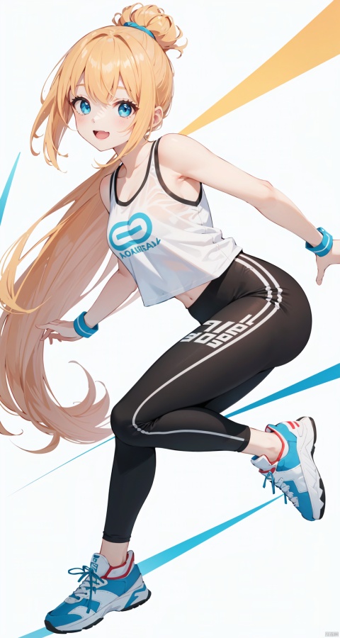 A full-body shot of a vibrant young girl in stylish activewear against a pristine white background, striking an energetic pose. She's wearing a sleek white sports tank top with colorful striped leggings and white sneakers. Her arms are naturally open, one leg slightly bent as if she's about to take the first step in a run. Her golden hair gently sways with her movement, and her face beams with a radiant, sunny smile, exuding the sparkle of youth, high-resolution image, HD, full body, fitness fashion, active pose, dynamic, fresh, healthy lifestyle, professional photography, trending in sports illustration, by Charlie Bowater, Stanley Lau, crisp focus, solid white backdrop, energetic youth, by Jamie Jones, vibrant, life-like digital painting.
