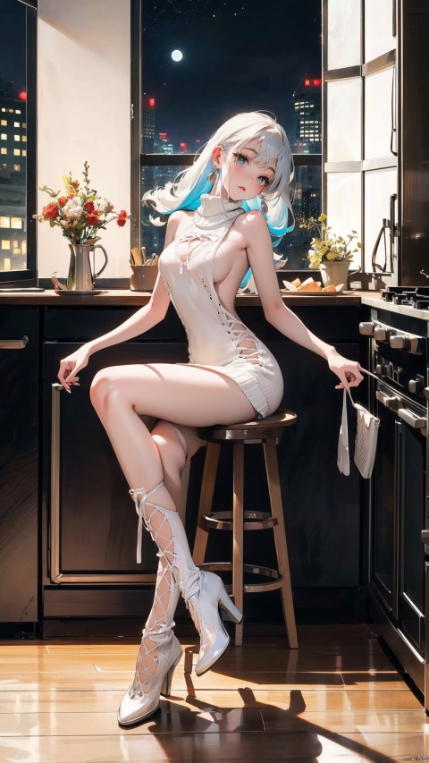  1girl, full body,medium breasts,long legs, earrings, white,high heels,((backless)),indoor, kitchen,food, window, night,moon,hair stick,lace up socks,vivid,colorful, sweater, yosshi film