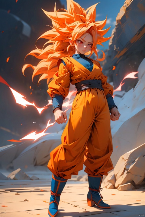  (best quality, masterpiece),solo, (1girl), red eyes, super saiyan, red hair, son goku, boots, aura, full body, clenched hands, blue footwear,