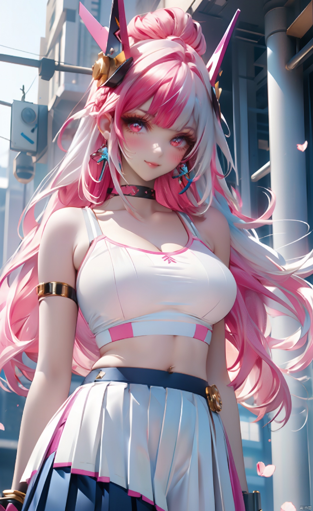 masterpiece, best quality, 1girl, solo, (silver hair:1.3), (pink hair:1.2), narrow waist, (slim:1.2), (large breasts:1.2), slim thighs, straight hair, blunt bangs, french braid, (multicolored hair:1.5), (two-tone hair:1.2), (gradient hair:1.3), multicolored eyes, standing, long hair, looking at viewer, blush, mature female, tall female, choker, multiple necklaces, wristband, thigh strap, (eyeliner:1.2), eyeshadow, (street:1.2), outdoors, upper body, (white camisole:1.3), navel, midriff, cleavage, curvy, (sportswear:1.2), (very long hair:1.1), (pleated skirt:1.3), earrings, piercing, smile, bare legs, sandals, mini skirt, (blue hair:1.3), (pink hair:1.3), ,