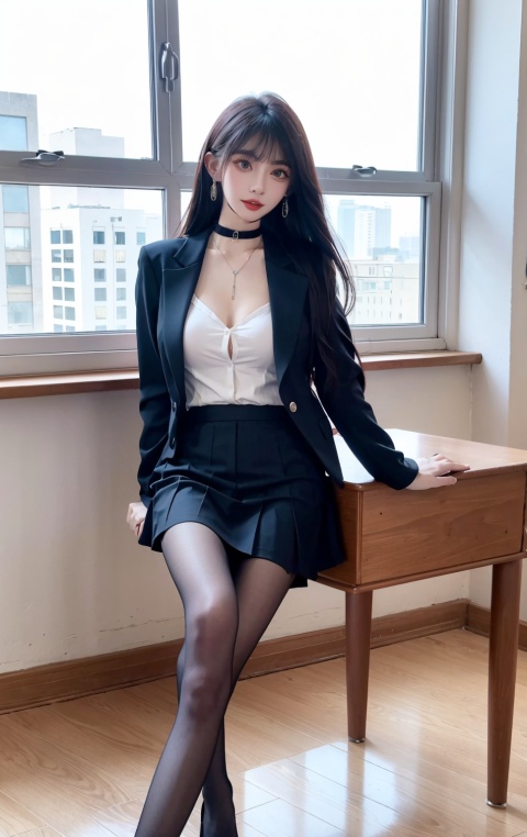  DSLR, (Good structure), 1girl, breasts, choker, cleavage, solo, jewelry, earrings, looking at viewer, long hair, , indoors, window, chair, classroom, shirt, uniform, lips, blue jacket, desk, jacket, black choker, day, brown eyes, long legs, white shirt, realistic, parted lips, ,fangfang