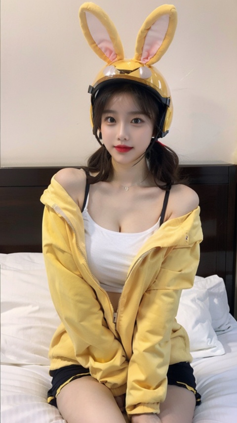  Meituan helmet, jacket, bunny ears, girl, breasts, yellow clothes, bare shoulders, sitting on bed, (large breasts, cleavage :0.7), 1girl