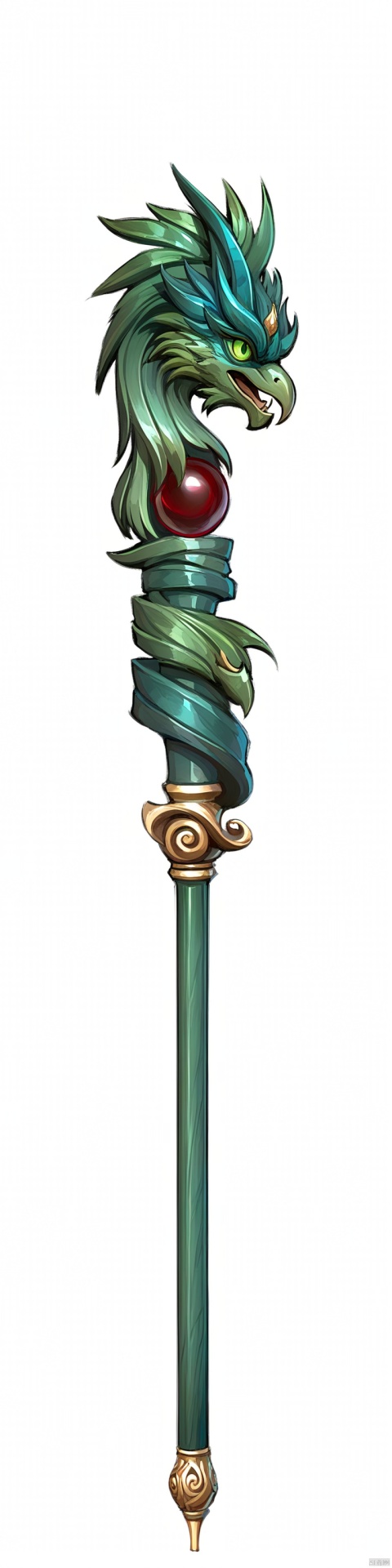  Wooden cane with phoenix elements, ancient vibe, mysterious and elegant design, made of oak and cherry wood, textured in shades of blue and green, with a blue and green phoenix head carving, an elegantly unfurling tail, and blue and green gemstone eyes, attention to detail.