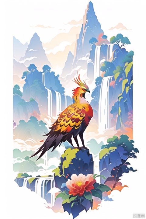  phoenix,mountains,waterfall,vector illustration,flowers,super details.leafs