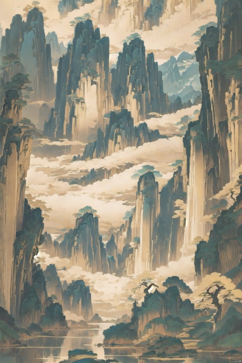 a mountain, "no one",no humans, tree, scenery, outdoors, solo,On the vast plain, a few golden mountains stand tall, resembling magnificent towers of gold bathed in the glow of the setting sun. The surrounding scenery is serene, with a swift river flowing at the foot of the mountains, while golden clouds drift in the sky. This scene seems like a masterpiece of nature, blending the solitary mountains, tranquil river, and golden sky into a magnificent painting.