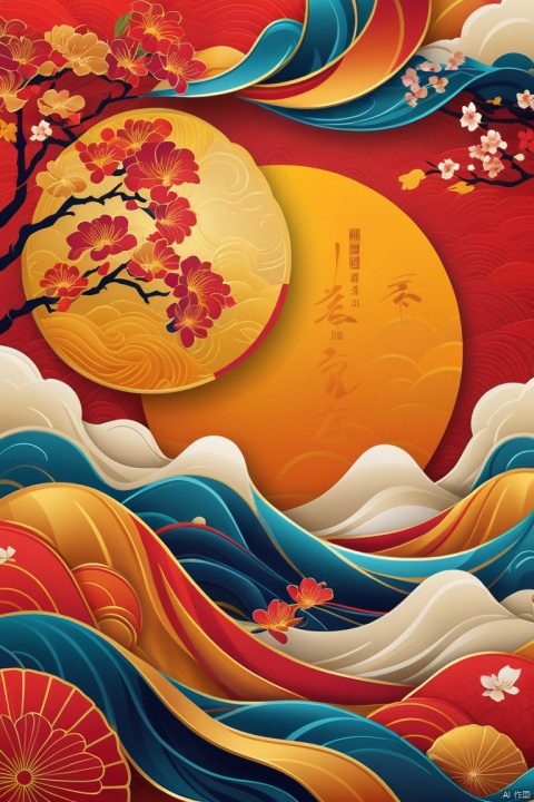 Chinese Textured Silk, diagonal composition, vibrant colors, Chinese theme, rising sun, New Year poster, Happy New Year poster.