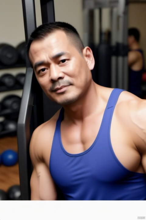 1man,middle aged male,chinese,very_short_hair,black-hair,handsome,tank top,sports at gym, asian