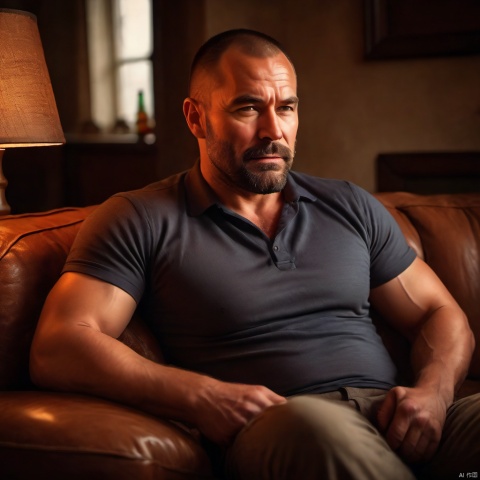 A close-up shot of a charming sexy uncle sitting on a worn-out couch, his rugged beard framing his chiseled features. His balding head and beer belly are subtly highlighted by the warm glow of a living room lamp. The masculine charm in his eyes is undeniable as he takes a sip from a cold beer, exuding a sense of laid-back confidence.