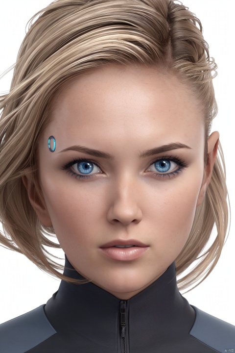 cinematic photo official art,unity 8k wallpaper,ultra detailed,masterpiece,best quality,photorealistic,
1girl,A beautiful girl,Android, solo, blonde hair, white background, realistic, simple background, blue eyes, parted lips, portrait, lips, long hair,Biometric humans,robots that resemble humans in appearance,There is a blue illuminated button on the upper left corner of the eyebrows:1,Blue Circle,