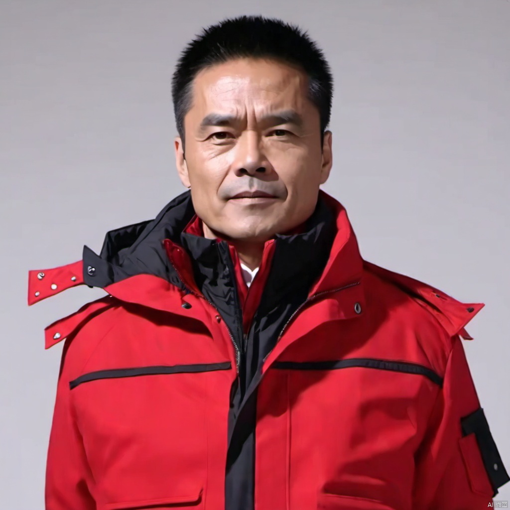  1man, middle-aged man, 1boy, solo, male focus, jacket, red jacket, white background, black hair, upper body, simple background, looking at viewer, shirt, collared shirt, white shirt, short hair
